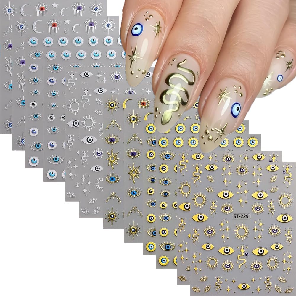 12 Sheets Gold Eye Nails Stickers Decals Star Sun Design Nails Art Stickers 3D Self-Adhesive Snake Moon Nail Art Decals for Women DIY Nail Decorations