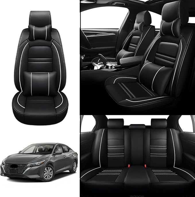 Car Seat Covers for Nissan Car sentra 2000-2025 | 5-Seats Seat Covers, Waterproof Seat Protectors, Automotive Seat Covers (Full Set with Pillow,Black&White Line)