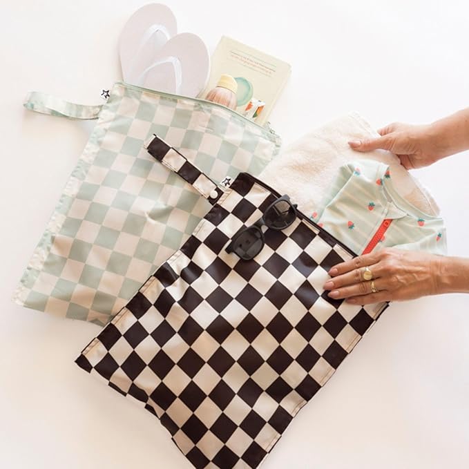 Tiny Twinkle Wet Dry Bag – 2 Pack Reusable Waterproof & Mess Proof Wet Bags for Swimsuits & Travel, Baby Towels & Beach Essentials,a Diaper Bag Must-Have(Black, Green Checkers)