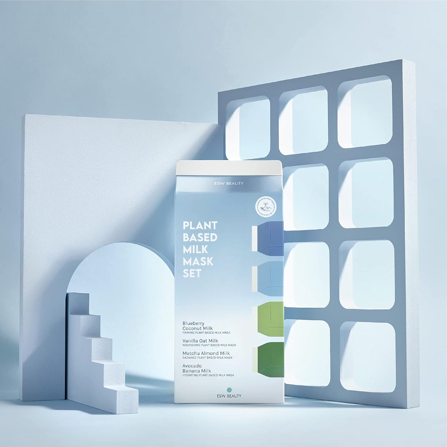 ESW Beauty Plant-Based Milk Face Masks - 4-Pack Skincare Set - Hydrating, Radiance, Firming & Soothing with Avocado, Matcha, Blueberry, Vanilla & Oat Extracts for All Skin Types