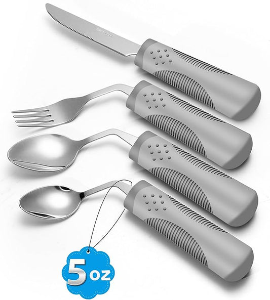 Adaptive Utensils (4-Piece Set) Weighted 5 oz - 42° Angled Utensils for Parkinson's Patients, Hand Tremors, Arthritis & Elderly - Eating Utensils for Elderly (Grey: Right Handed)