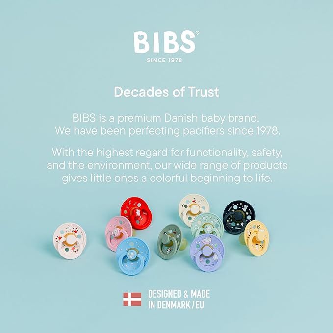 BIBS Colour Moomins Pacifier 2-Pack, BPA Free Pacifier, Round Nipple. Natural Rubber Latex, Made in Denmark, Size 1 (0-6 Months), Breeze/Deep Space