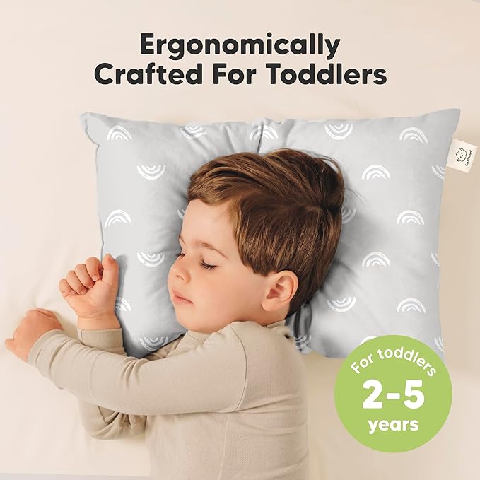 KeaBabies 2-Pack Toddler Pillow 13x18 - Soft Organic Cotton Kids Travel Bed Pillows for Sleeping, School, Nap, Machine Washable, Toddlers 2 to 5, Pillowcase Sold Separately (Gray Rainbow)