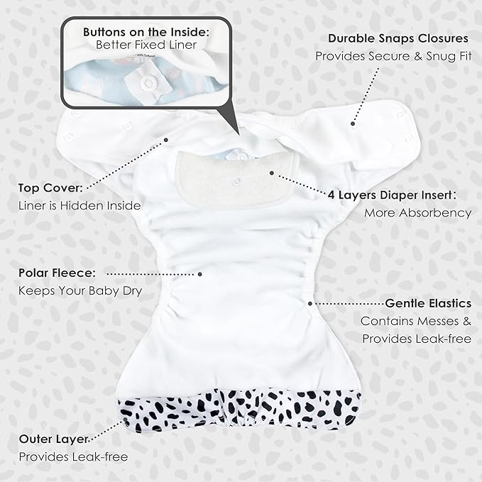 wegreeco Cloth Diapers 5 Pack with 5 Inserts, Washable Cloth Diapers for Babies, One Size Adjustable Reusable (Animal Party)