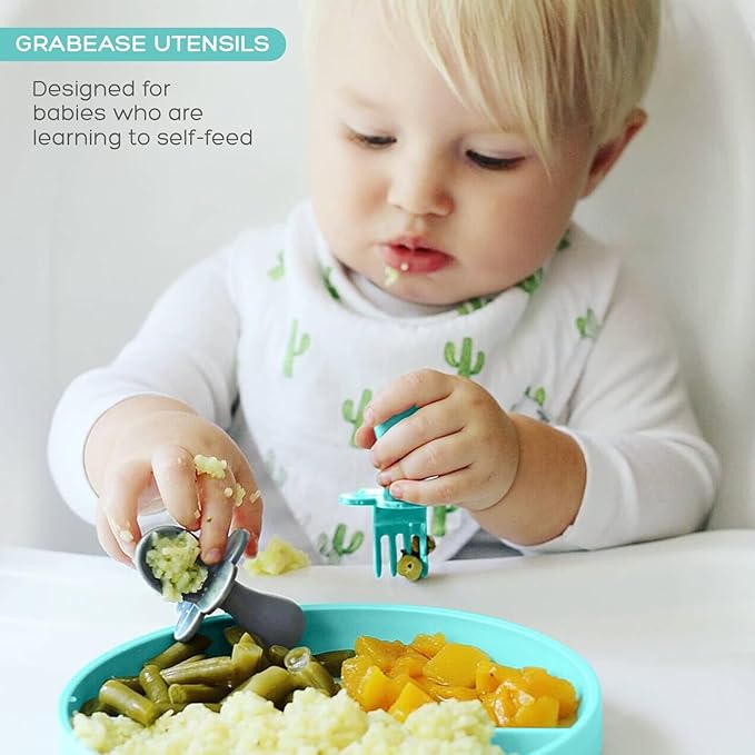 Grabease Silicone Baby Feeding Utensil Set - Self-Feeding Forks For Baby - Forks & Spoon, Ages 6-12 Months - Dishwasher-Safe Infant Spoon & Utensil - Teal & Gray, Pack of 2