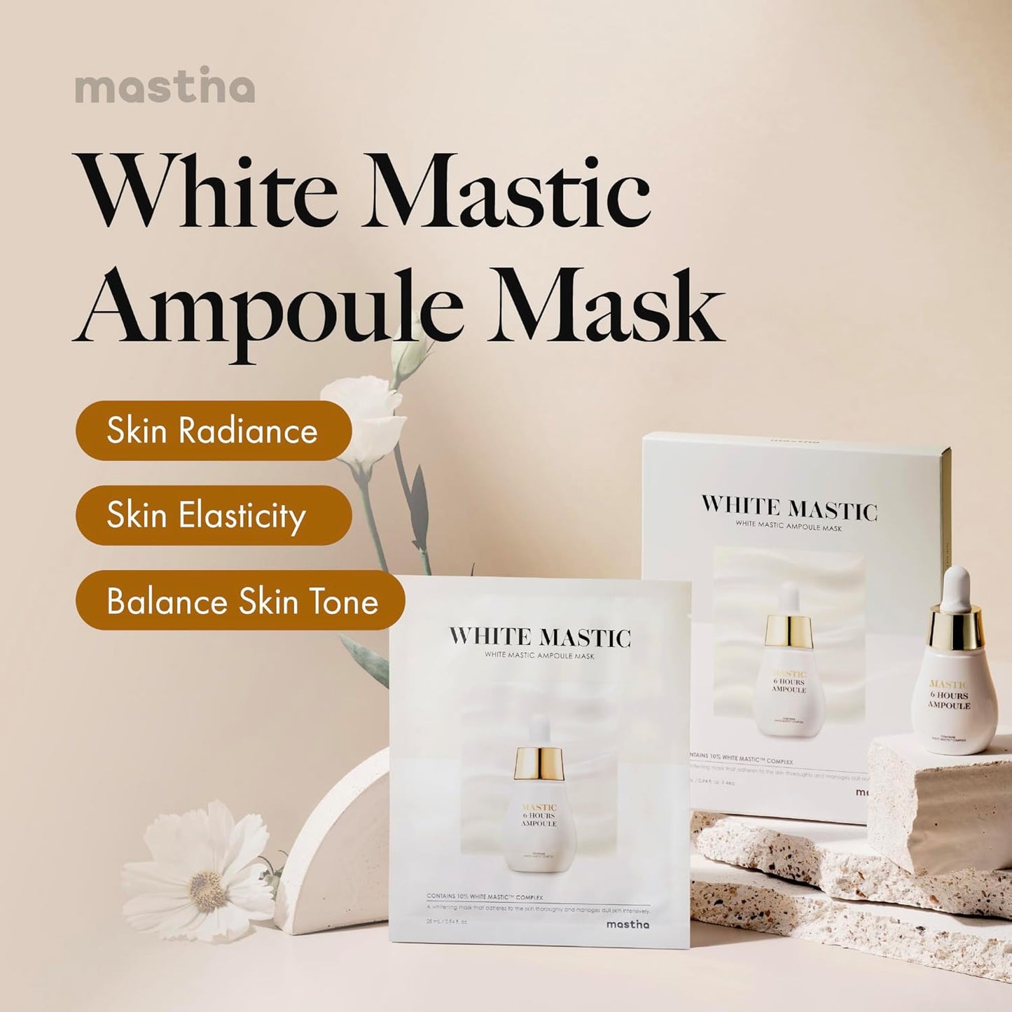 MASTINA White Mastic Ampoule Sheet Mask Pack of 12- Illuminating. Ultra-Moisturizing Facial Mask. Intensive Korean Skin Care. Fermented Mastic Gum