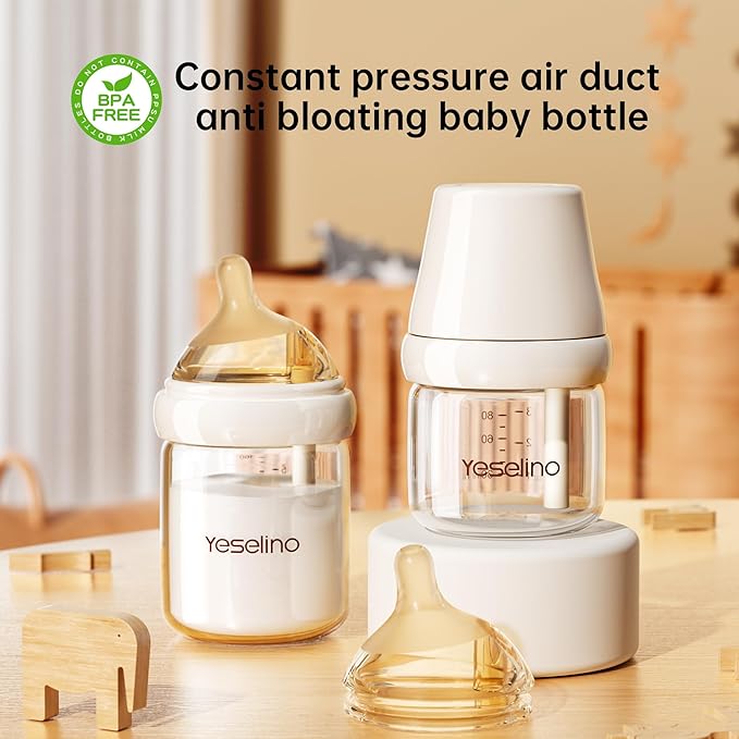 Natural Nursing Glass Baby Bottle - with Anti-Colic Vent System - BPA-Free, 5.4 oz/160ml with Medium Flow Nipple, 0-6 Months, 2 Pack (Includes 4pcs Nipples)
