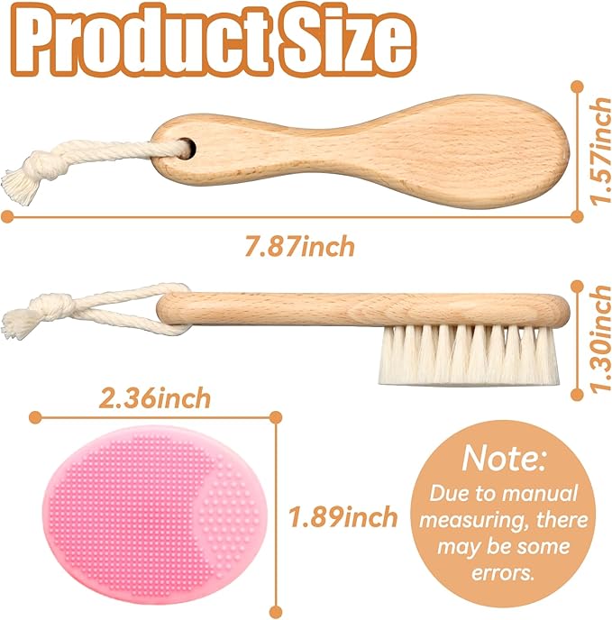 Wooden Baby Hair Brush and Comb Set, 2Pcs Natural Soft Goat Bristles Brush with Baby Shower Scrubber Perfect Scalp Grooming Product for Newborn, Toddler, Infant (Pink)