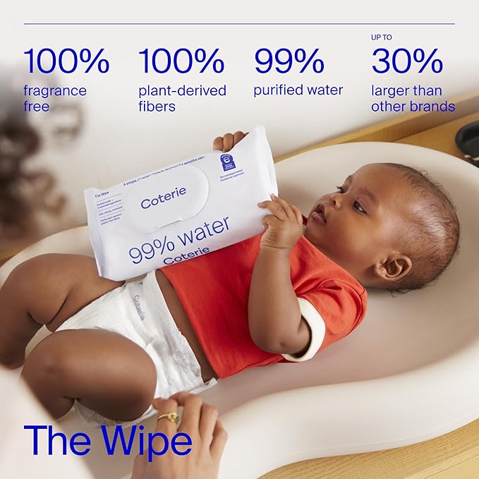 Coterie Baby Wipes + Diapers Kit, Size Newborn Diapers (186 Count) & 12 Pack (672 Count) Baby Wipes with 99% Water, Plant Based Materials, Hypoallergenic for Sensitive Skin