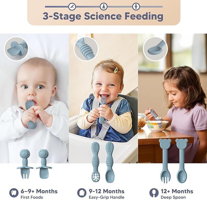 Silicone Baby Feeding Set Plates and Utensils Set for Baby Toddlers Infant Kids,forks and spoons baby plates with suction,baby spoons self feeding 6 months,baby feeding essentials (Blue)
