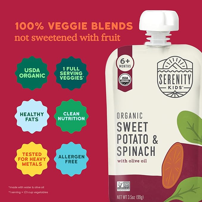 Serenity Kids 6+ Months USDA Organic Veggie Puree Baby Food Pouches - No Added Sugar or Fruit & BPA-Free & Allergen-Free - Sweet Potato & Spinach Baby Snacks - 3.5 Oz, 12 Pack