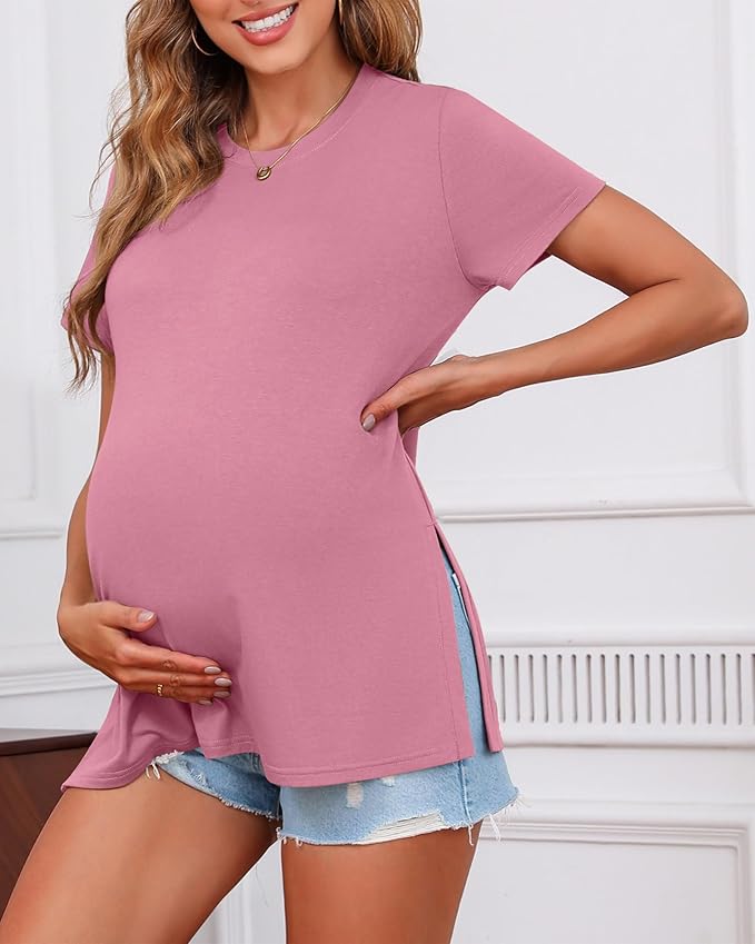 Ficerd 3 Pack Women's Maternity T Shirts, Short Sleeve Side Split Pregnancy Tops Casual Crew Neck Pregnant Tees Mama Clothes