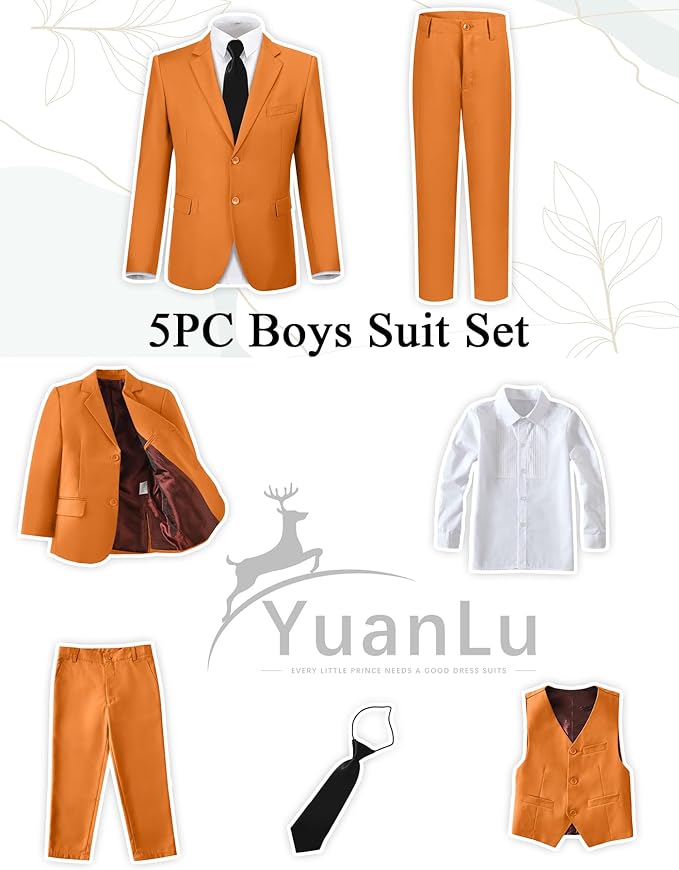 YuanLu Boys Suit for Kids Tuxedo Wedding Ring Bearer Outfit, 5 Piece Boy Slim Fit Formal Suits with Adjustable Waist