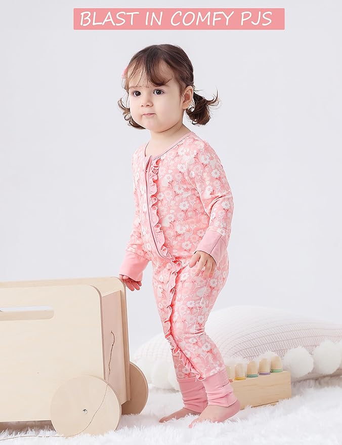 JunNeng Baby Girl Viscose from Bamboo Sleeper with Mitten Cuffs, 2 Way Zipper Romper, Sleep N' Play Pajamas 0-18 Months