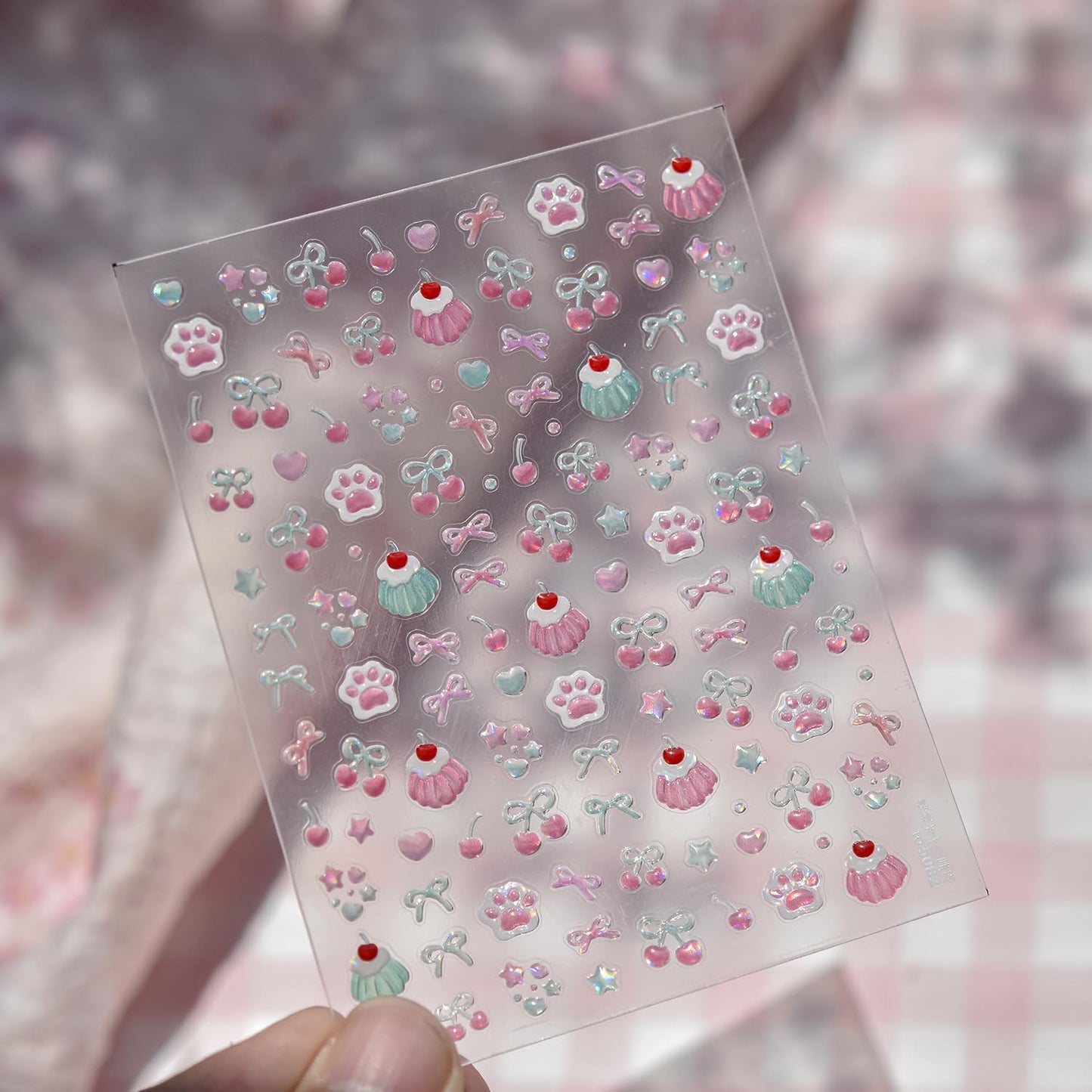 5D Embossed Cake Nail Sticker for Nails Art Pink Nail Decals Cherry Bow Nail Art Stickers Cute Nails Decal Self Adhesive Manicure Supplies Decoration for Women Girls Kid