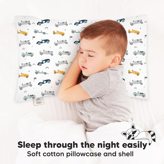 KeaBabies Toddler Pillow with Pillowcase, Jumbo 14X20 - Soft Organic Cotton Toddler Pillows for Sleeping - Machine Washable - Perfect for Travel, Toddler Bed Set (Racecars)