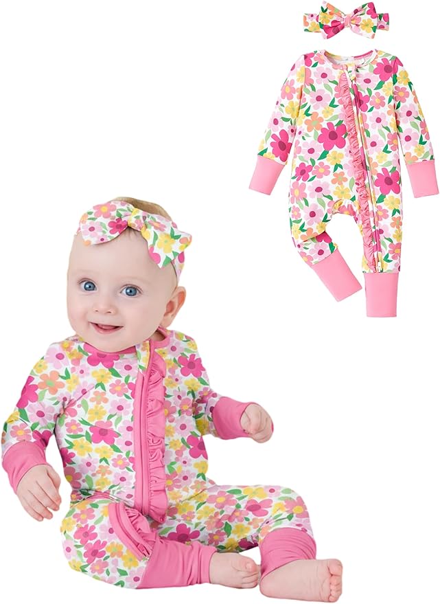 PATPAT Baby Girl Boy Clothes Newborn Infant Footie – Soft Viscose from Bamboo– 2-Way Zipper, Fold-Over Mitten, Ruffle Trim