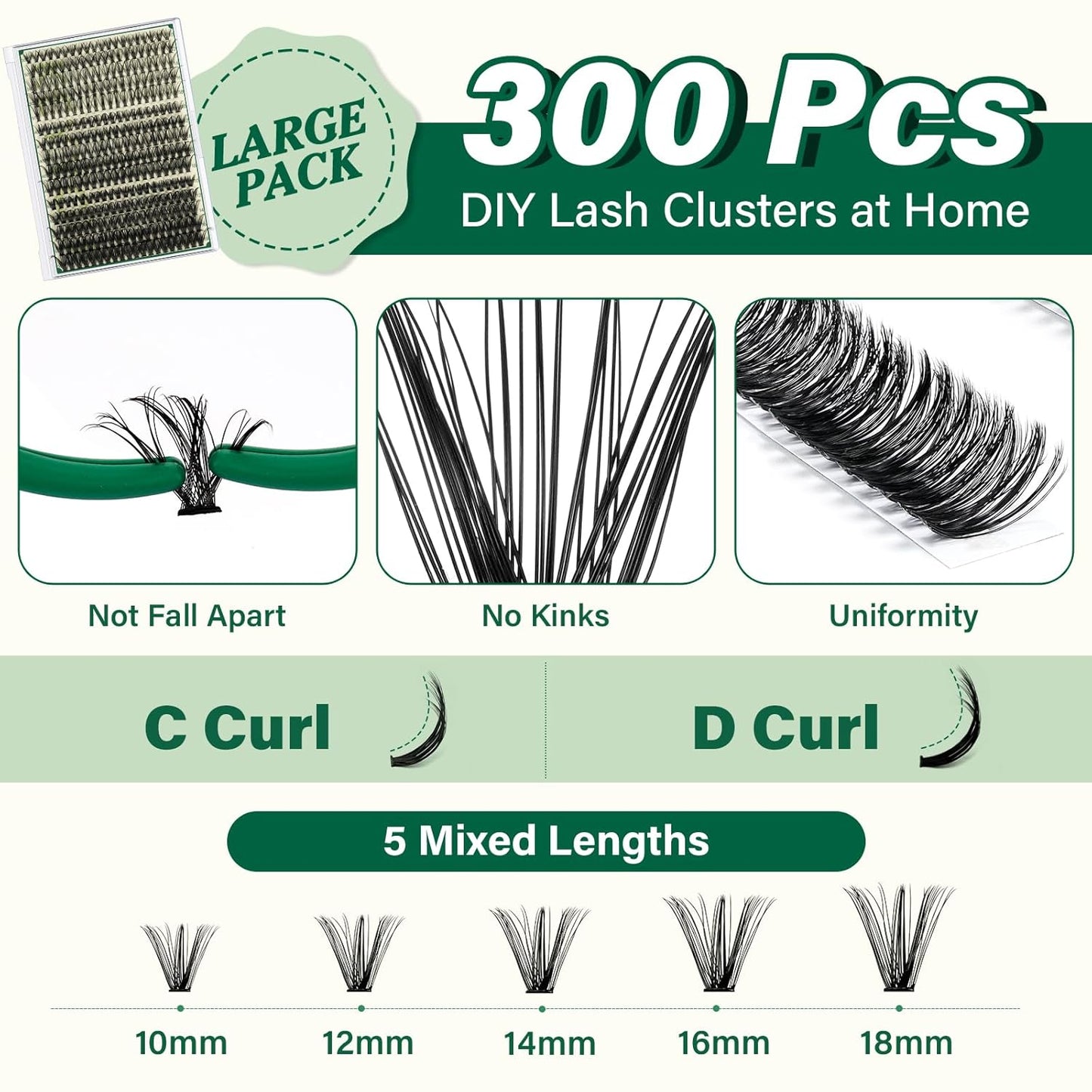 KEYYOU Lash Extension Kit DIY 300Pcs Lash Clusters Eyelash Extension Kit Lash Clusters Kit with Lash Glue Remover Applicator Easy to Use for Beginners(Kit,30D40D50D-D,8-16MIX)