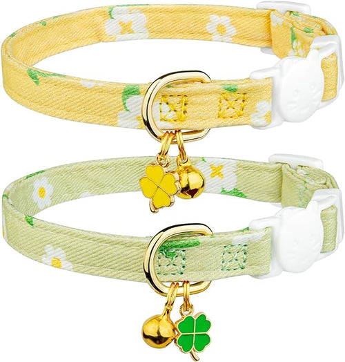 2 Pack Cotton Breakaway Cat Collar Green and Yellow Flowers Pendant Cute Kitten by Fyeqyaou