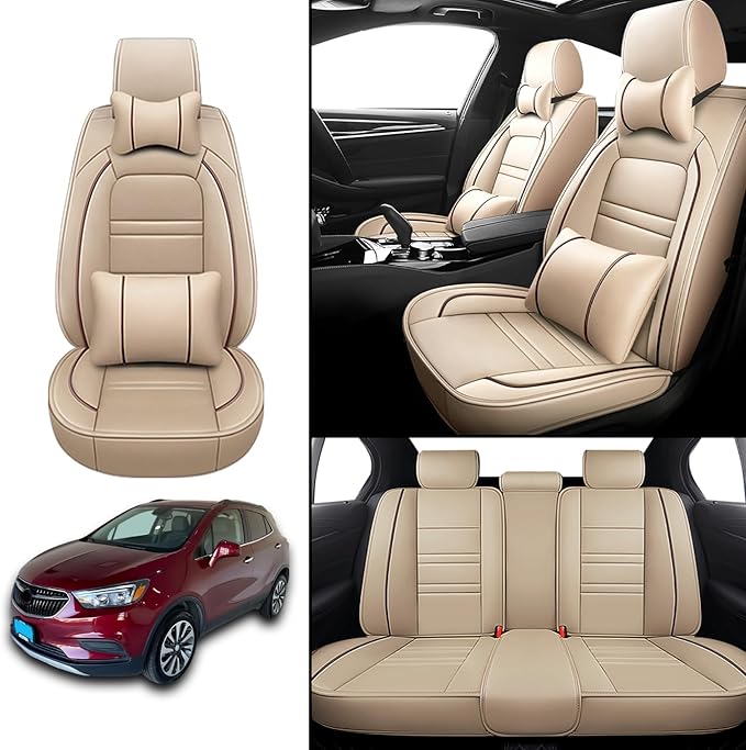 Car Seat Covers for Buick Encore 2013-2022 | 5-Seats Seat Covers, Waterproof Seat Protectors, Automotive Seat Covers (Full Set with Pillow,Beige)