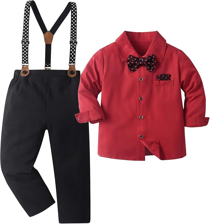 Boarnseorl Baby Boys Pants Sets,Toddler Gentleman Outfits, Infant Long Sleeve Shirt + Pants + Bow Tie + Suspenders