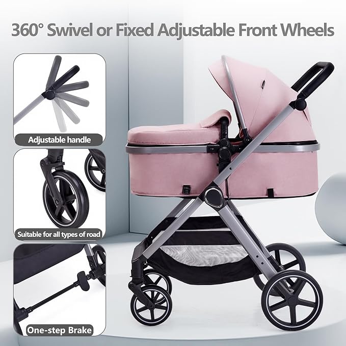 2 in 1 Baby Stroller, Newborn Infant Toddler Convertible Pram Stroller for 0-36 Months Old Babies (Pink)