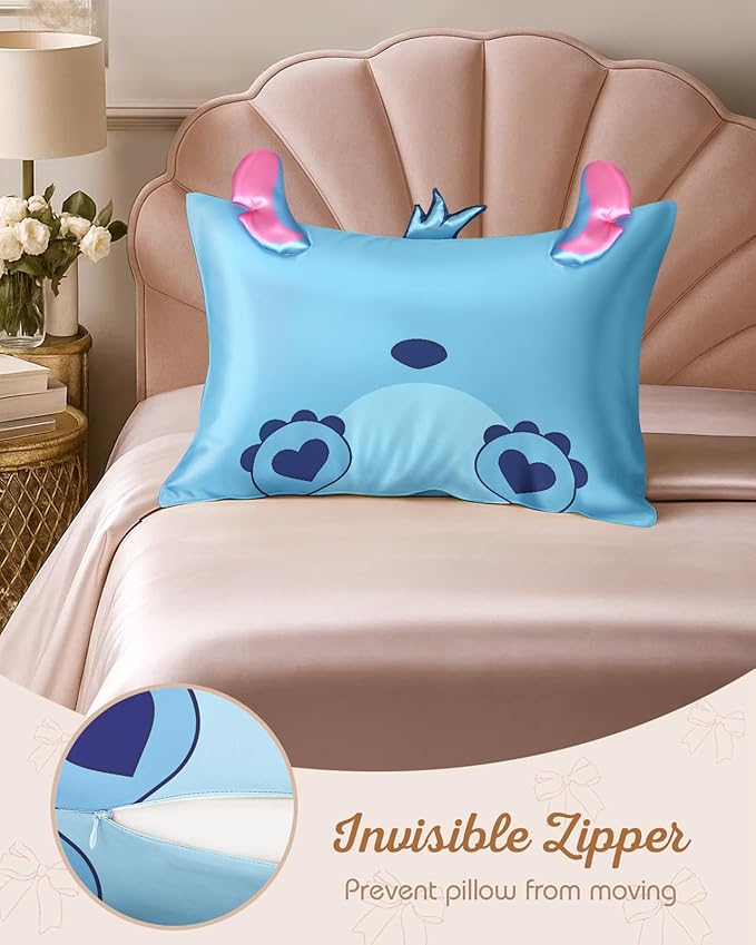 Kids Pillowcases Standard Size 20"x26" - Cute Cartoon Soft Breathable Silk Pillow Cases for Hair and Skin with Hidden Zipper for Girls Fun Kawaii Design for Bedding, Heart Blue