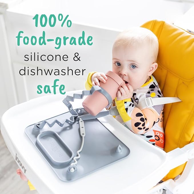 BUSY BABY Silicone Mat - New and Improved Suction Cups, 4 Straps to Secure Baby Essentials, Self Feeding, Baby Led Weaning, Travel Sleeve Included (Pink)