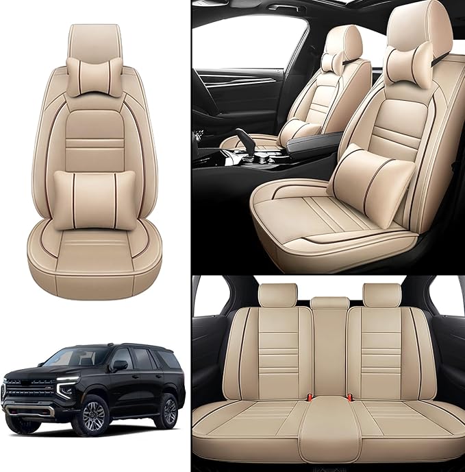 Car Seat Covers for Tahoe 1995-2025 | 5-Seats Seat Covers, Waterproof Seat Protectors, Automotive Seat Covers (Full Set with Pillow,Beige)