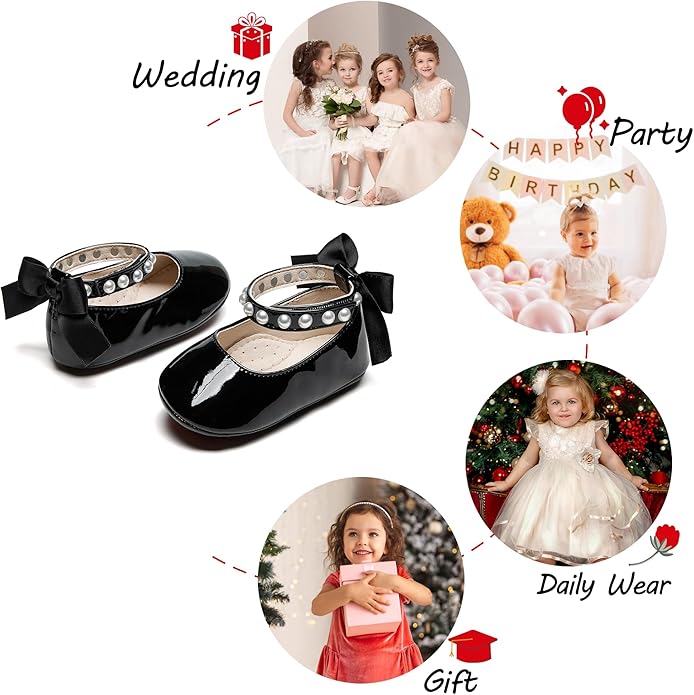 Baby Girls Mary Jane Flats - Infant Newborn Walking Shoes Soft Rubber Sole Princess Wedding