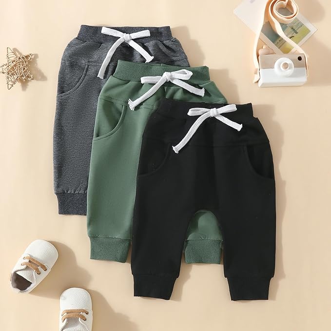 Sejardin Toddler Baby Boy Girl Pants 3 Pack Solid Color Elastic Waist Jogger Sweatpants Newborn Infant Casual Bottoms