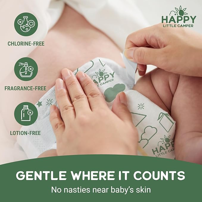 Happy Little Camper Super Saver Diapers, Size 2, 100 Count | Budget-Friendly Disposable Baby Diapers for Sensitive Skin | Hypoallergenic, Fragrance-Free, Ultra Absorbent