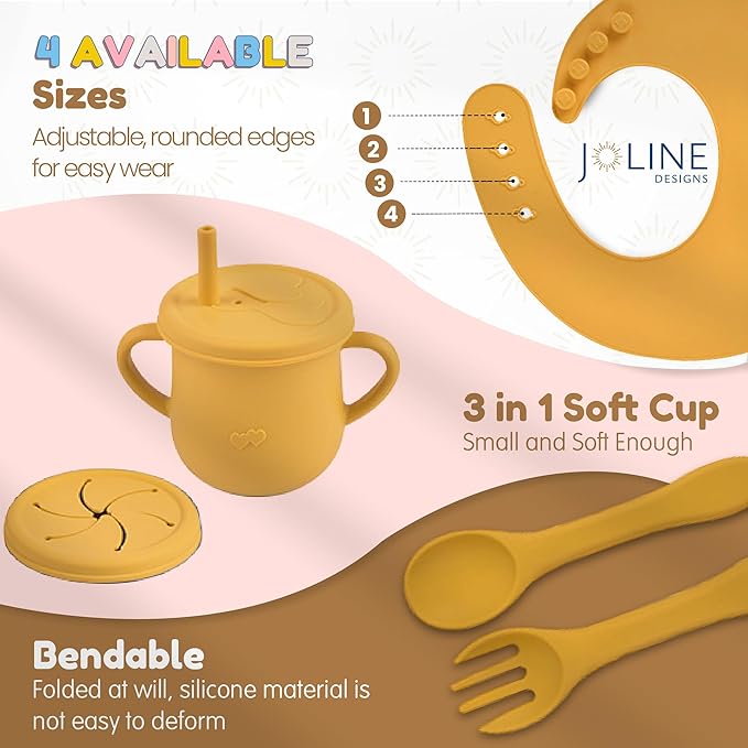 Silicone Baby Feeding Set - Perfect silicone plates for baby & Toddler Plates with lid, Baby Bowls with Suction, Baby Utensils - Baby Led Weaning Supplies & Eating Essential - (Yellow)