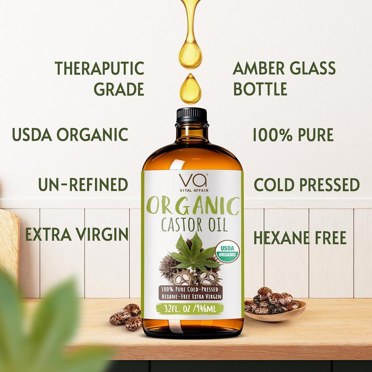 Pure Organic Castor Oil 32oz – Cold Pressed, Unrefined, USDA Organic – Glass Bottle for Hair Growth, Eyelashes, Eyebrows, Face & Castor Oil Packs