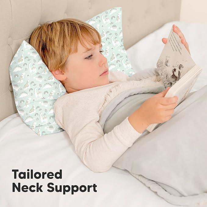 Toddler Pillow with Pillowcase - 13x18 My Little Dreamy Kids Travel Bed Pillows for Sleeping, Organic Cotton Small Pillowcase, Soft & Breathable, Machine Washable, Toddlers 2-5 Years Old (DinoBloom)