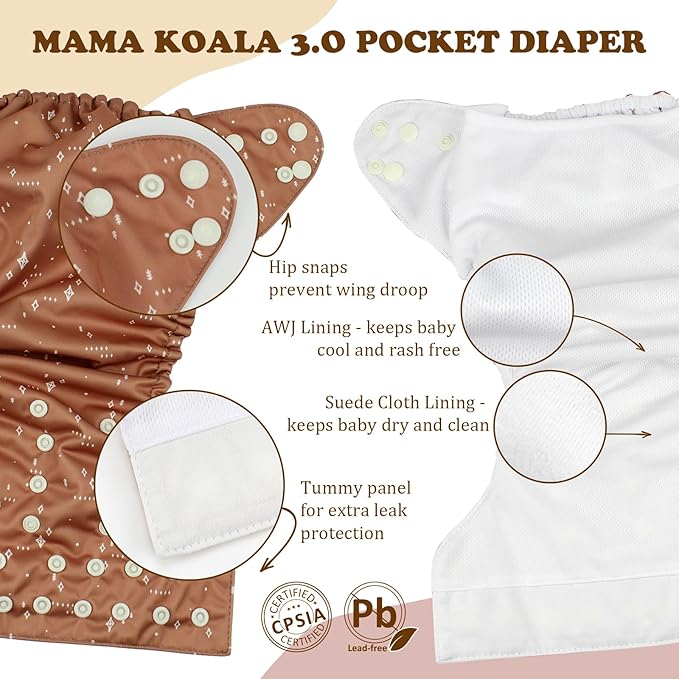 Mama Koala 3.0 Pocket Cloth Diapers for Babies with AWJ Lining, 6 Pack with 6 4-Layer Natural Cloth Diaper Inserts - Reusable and Washable Pocket Diapers (Love Green)