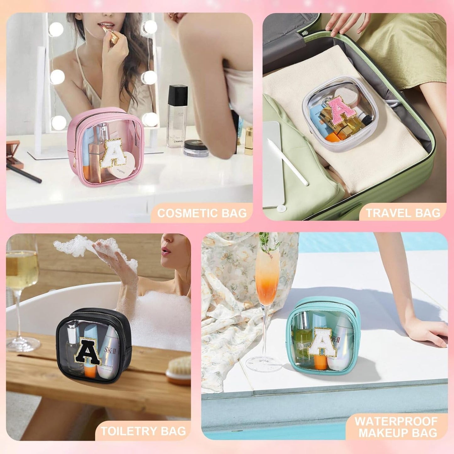 YOOLIFE Initial Make Up Bag Travel Toiletry Bag, Clear Makeup Bag Preppy Cosmetic Bags Organizer Travel Essentials Gifts for Women Teen Girlfriend Teacher Mom Birthday Mothers Day Gifts Mini Blue R