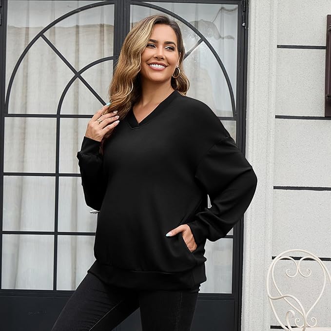 GINKANA Maternity Long Sleeve Shirts V Neck Sweatshirt Casual Tunic Tops Pregnancy Pullover with Pockets
