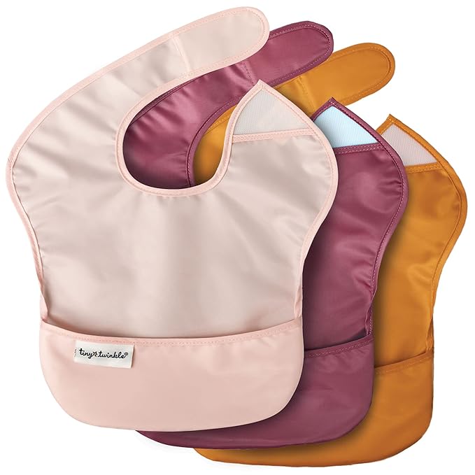 Tiny Twinkle Mess Proof Baby Bibs for Eating – Waterproof, Wipeable Toddler Bibs with Pocket – Baby Food Bibs for Girls & Boys(3 Pack,Blush, Burgundy)
