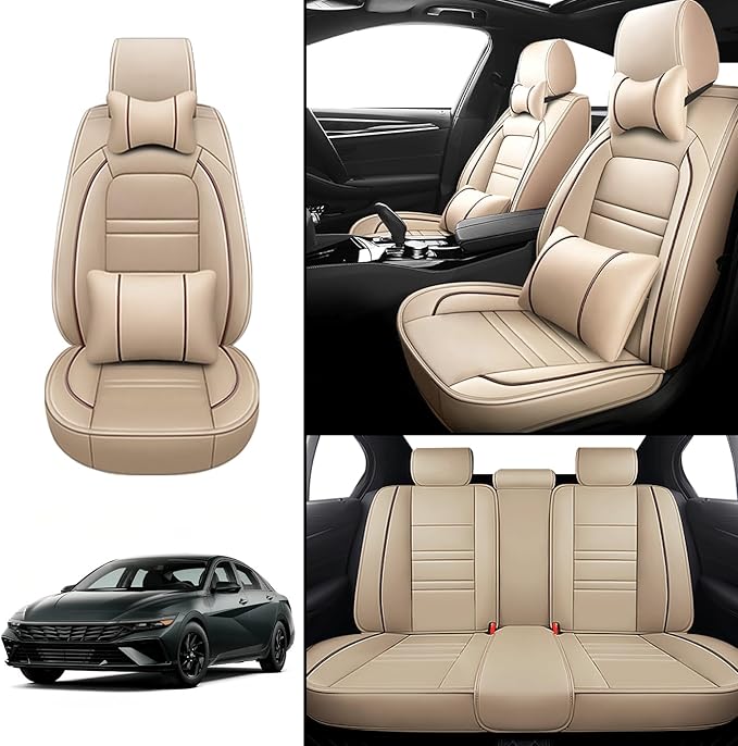 Car Seat Covers for Hyundai Car Elantra 2001-2025 | 5-Seats Seat Covers, Waterproof Seat Protectors, Automotive Seat Covers (Full Set with Pillow,Beige)