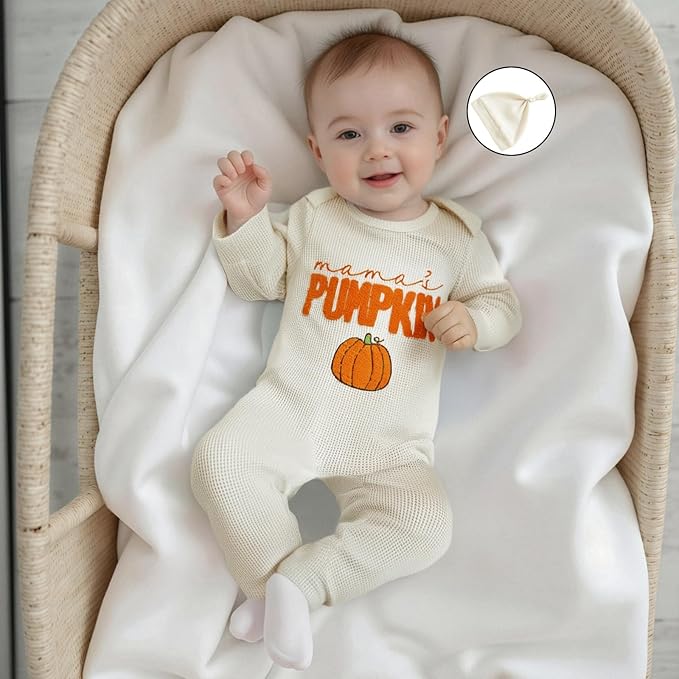 Newborn Infant Baby Boy Halloween Outfit Little Pumpkin Embroidery Romper Waffle Knit Long Sleeve Jumpsuit with Hat