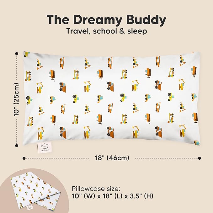 Toddler Pillow with Pillowcase - 10x18 My Little Dreamy Kids Travel Bed Pillows for Sleeping, Organic Cotton Small Pillowcase, Soft & Breathable, Machine Washable,Toddlers 2-5 Years Old(Construction)