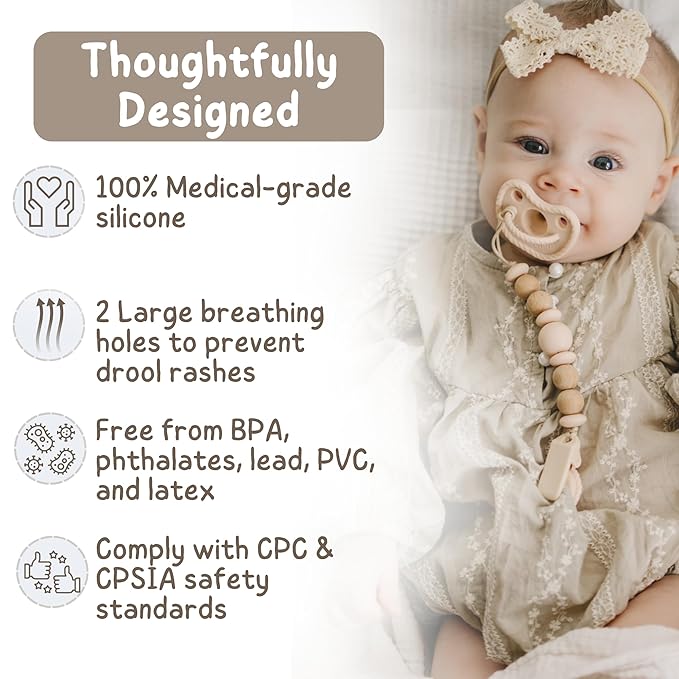 Mila & Lulu Round Silicone Pacifiers (Set of 2) – 100% Food-Grade, One-Piece Design, Soft Round Nipple, Airflow Shield, Multi-Use Pacifier & Teether for Newborns and Infants 0+ Months - Beige/Hazel