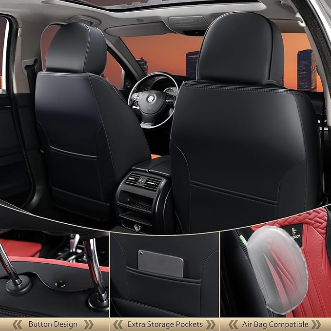 FLORICH Leather Seat Covers Automotive Seat Covers Car Seat Covers Full Set Car Seat Protectors 5 Seats Driver Seat Covers Fit for Most Cars Trucks SUV-Black&Burgundy