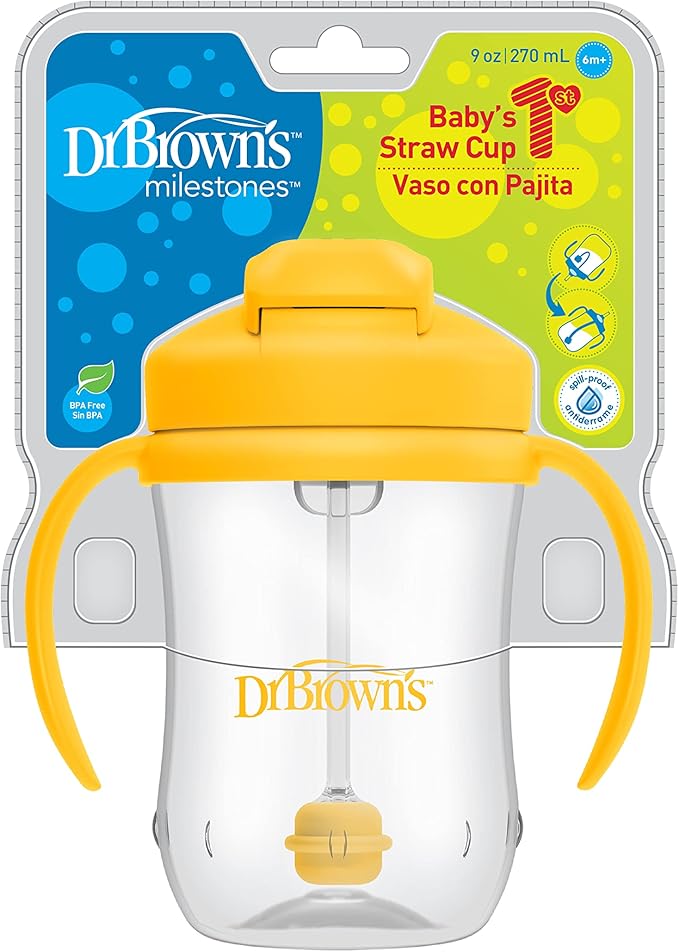 Dr. Brown's Milestones Baby's First Straw Cup, Training Cup with Weighted Straw, 9oz/270mL, Vintage Yellow, BPA Free, 6m+ (Pack of 12)