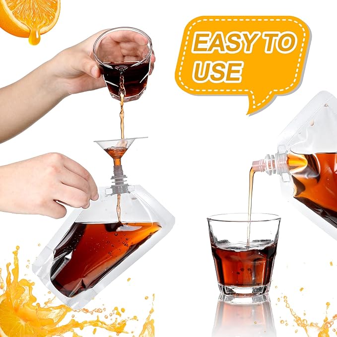 Meanplan 100 Pcs Plastic Pouches Bulk Reusable Squeeze Pouches Clear Plastic Juice Leak Proof Bags with Funnel for Party Favors Supplies(13 oz,Inclined Mouth)