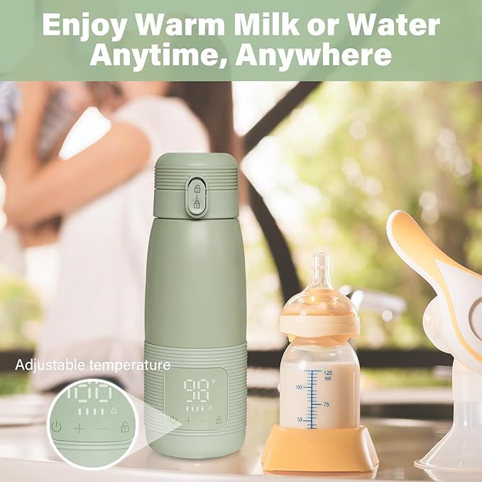 Portable Bottle Warmer for Travel - Dual Heating Modes for Breast Milk & Water, Fast 3-Min Heat, 12oz Large Capacity, Long-Lasting Battery, Fits Most Bottles