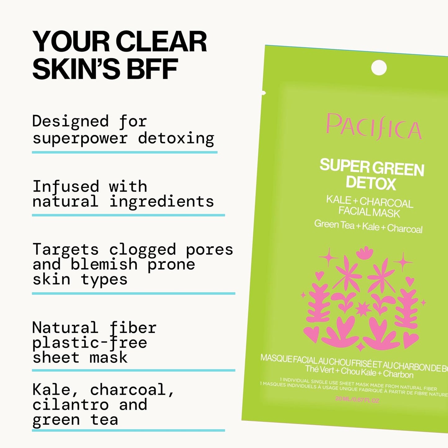 Pacifica Super Green Detox Sheet Mask – 12-PACK Charcoal, Kale & Clay Pore Cleansing Mask for Oily, Blemish-Prone Skin, Deep Detox Facial Mask, Vegan