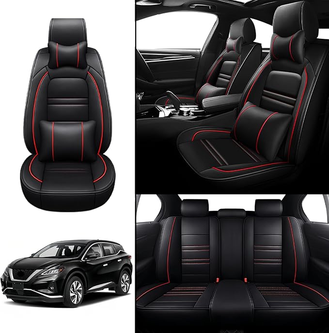 Car Seat Covers for Nissan Car Murano 2003-2025 | 5-Seats Seat Covers, Waterproof Seat Protectors, Automotive Seat Covers (Full Set with Pillow,Black&Red Line)
