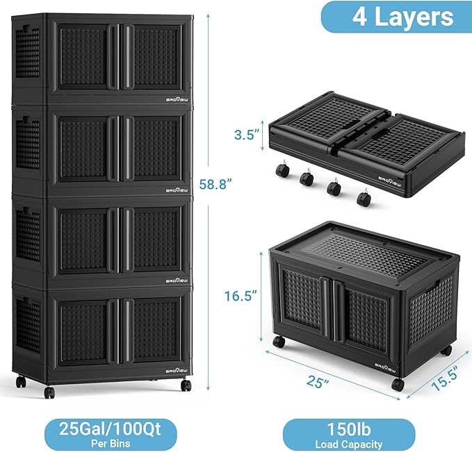 BROVIEW 400Qt Stackable Storage Bins with Lids, 100Gal Closet Organizers and Storage Drawer, Plastic Collapsible Storage Bins with Doors, Heavy Duty Store Box Cabinet for Home Kitchen, 4Pack Black